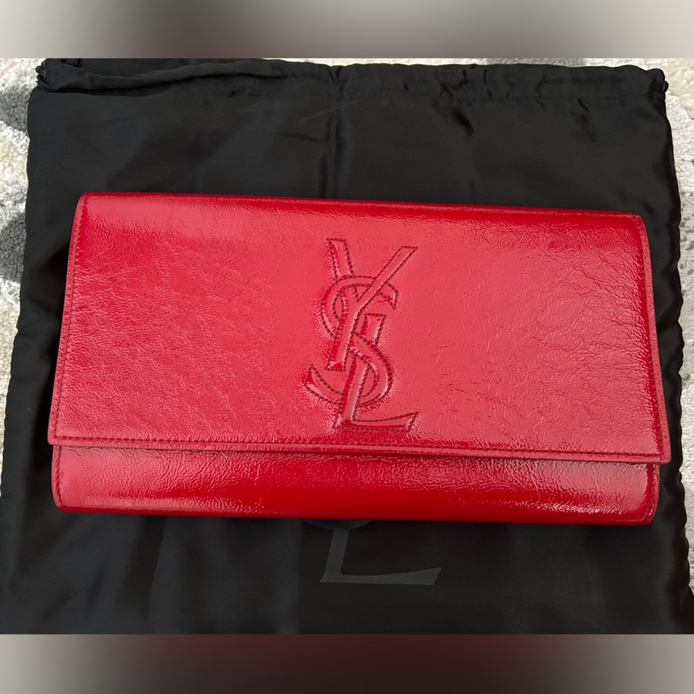 Yves Saint Laurent red patent textured clutch